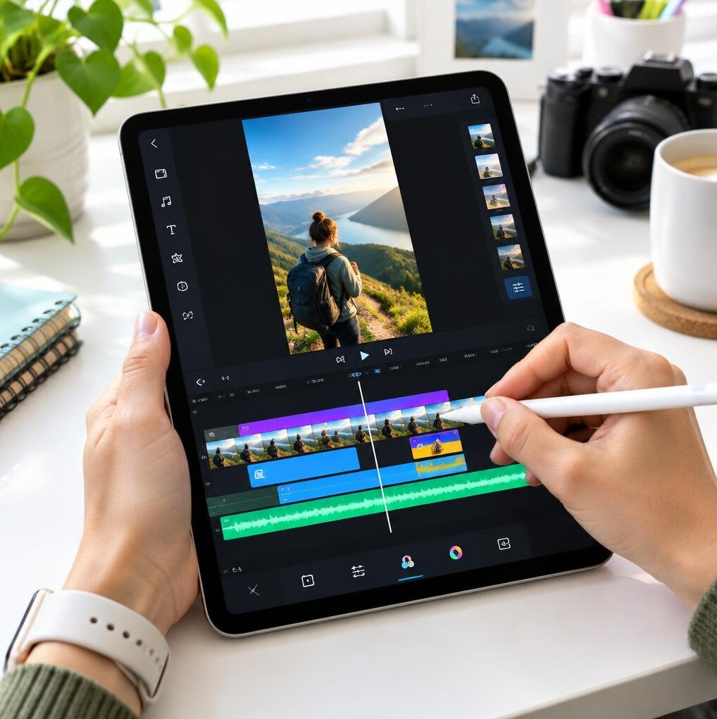 Hands editing a vertical video on a tablet with a stylus pen