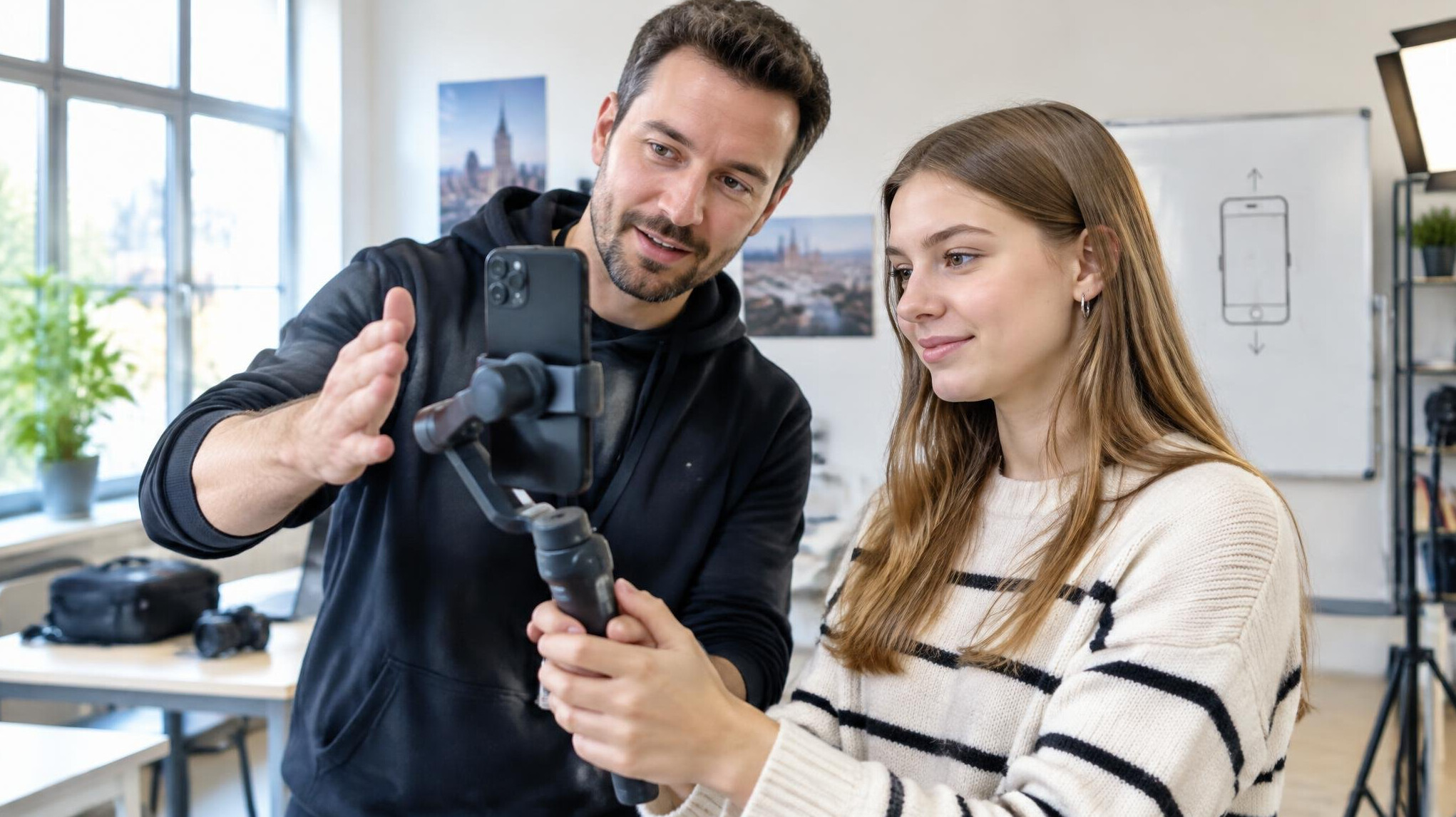 Instructor showing a student how to frame a vertical video shot