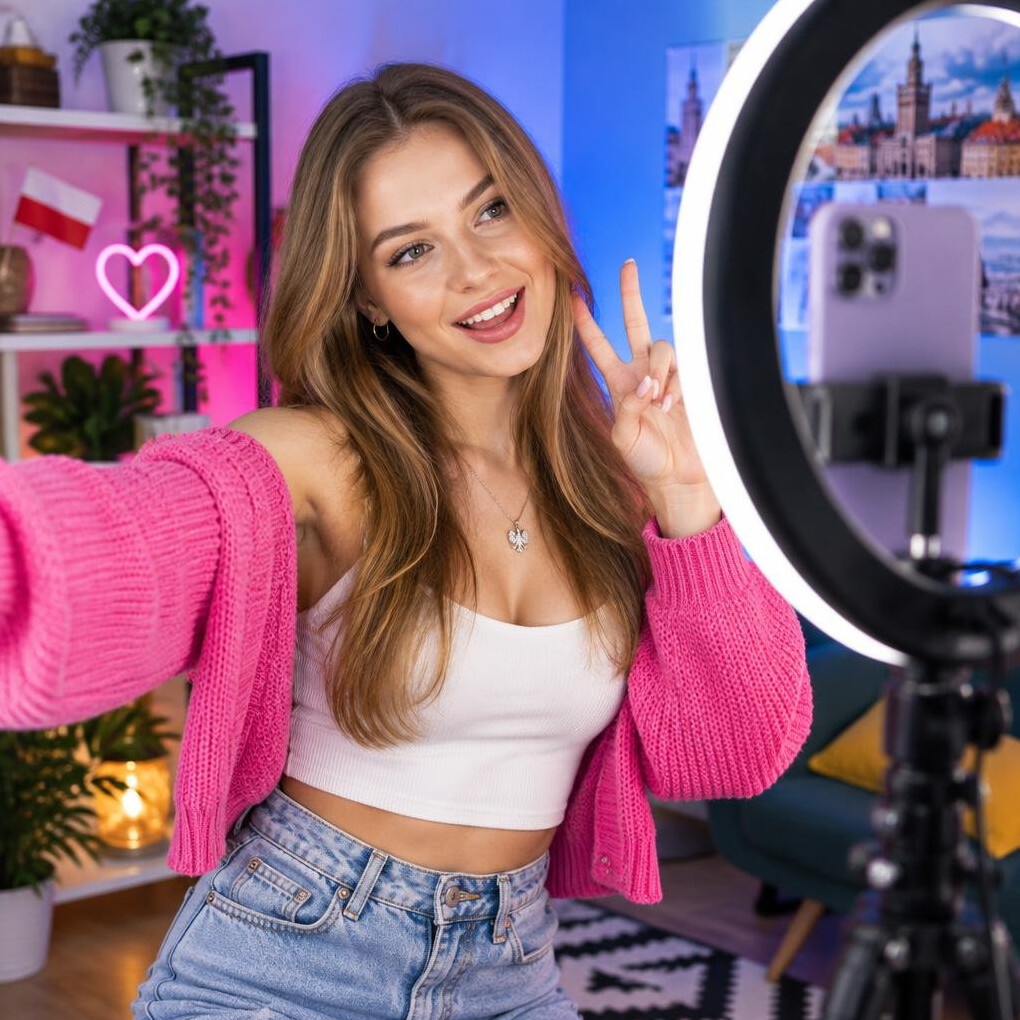 Young woman recording a vertical video story with a smartphone and ring light