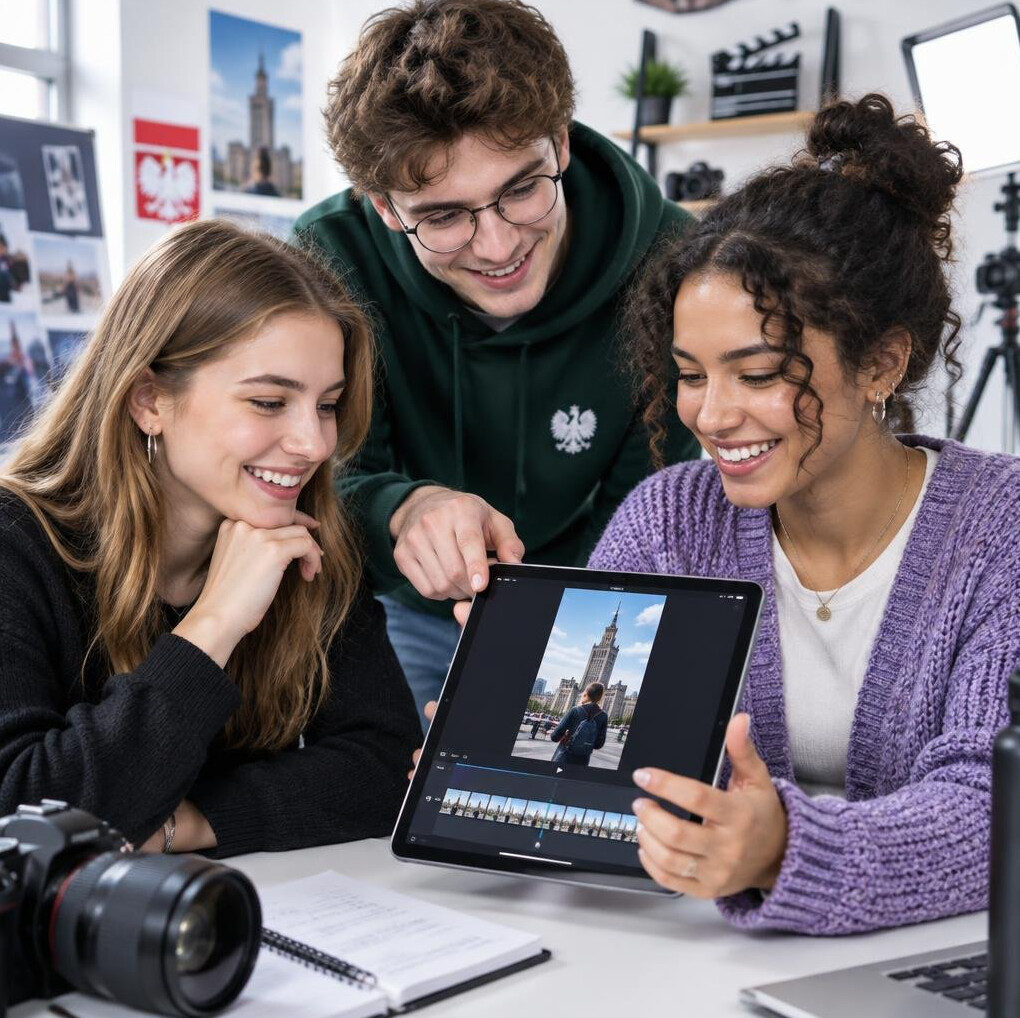 Group of young creators reviewing footage together on a tablet