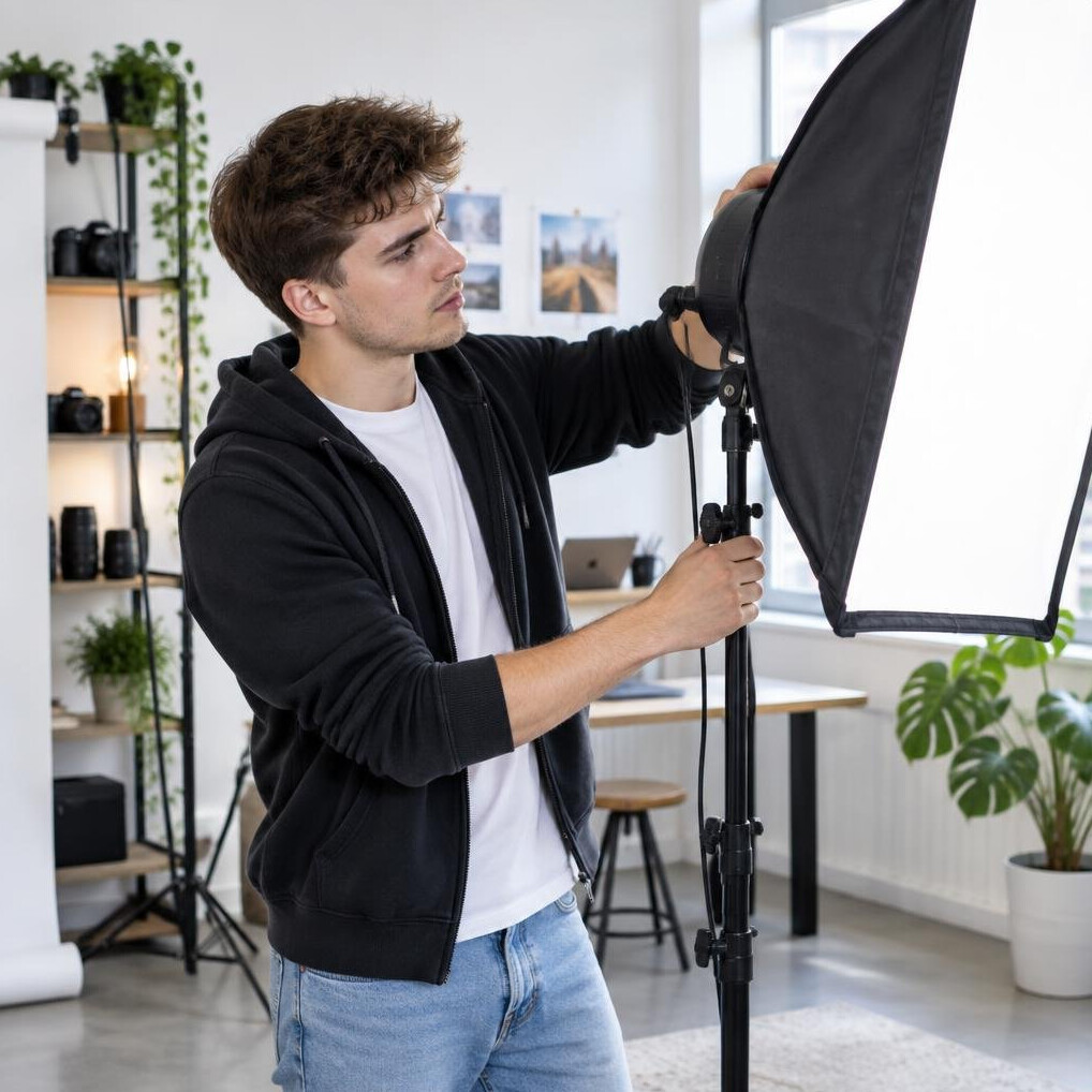 Young man adjusting studio lighting for a content shoot