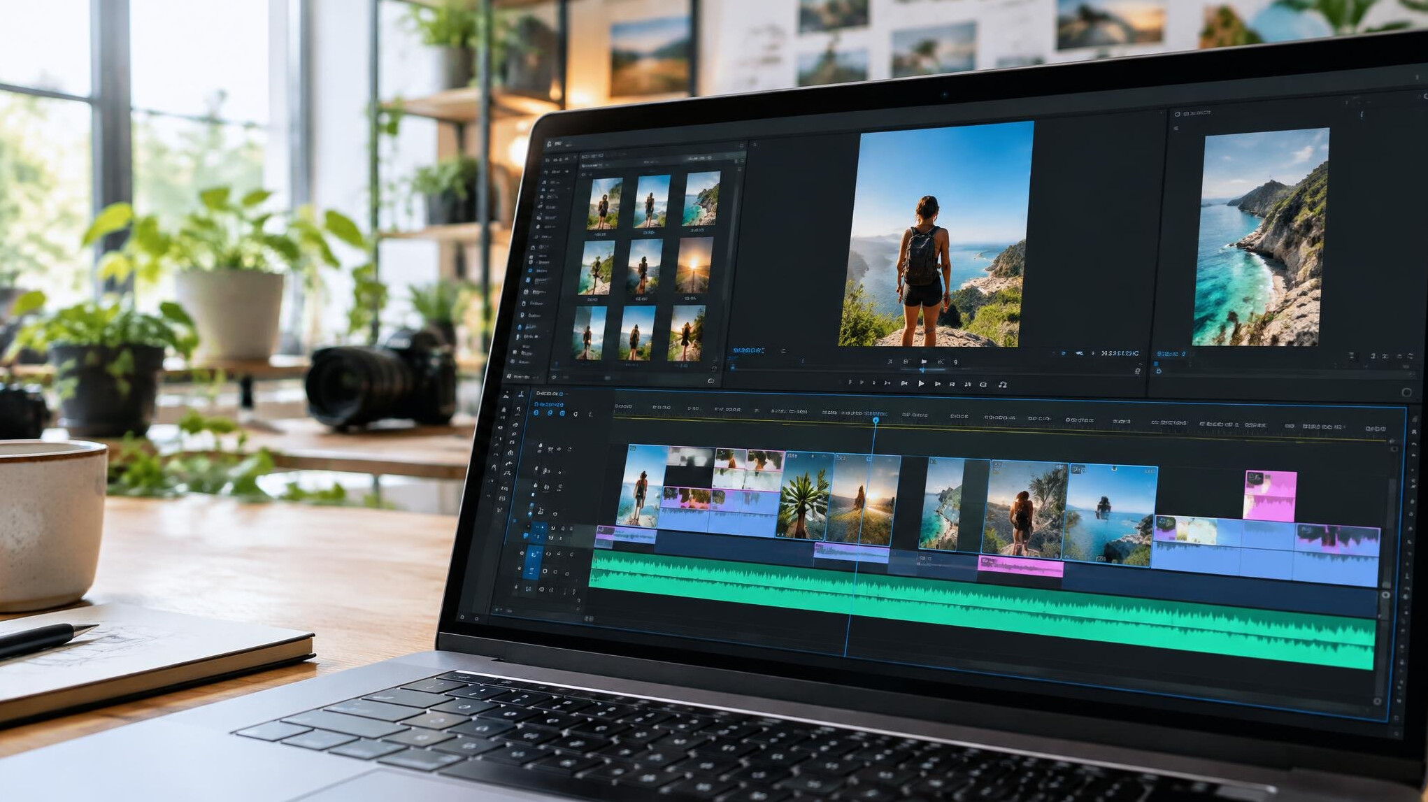 Video editing timeline on a laptop screen in a creative studio
