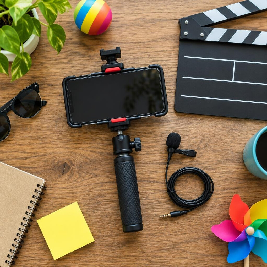 Flat lay of a smartphone rig, clapperboard and props for video production