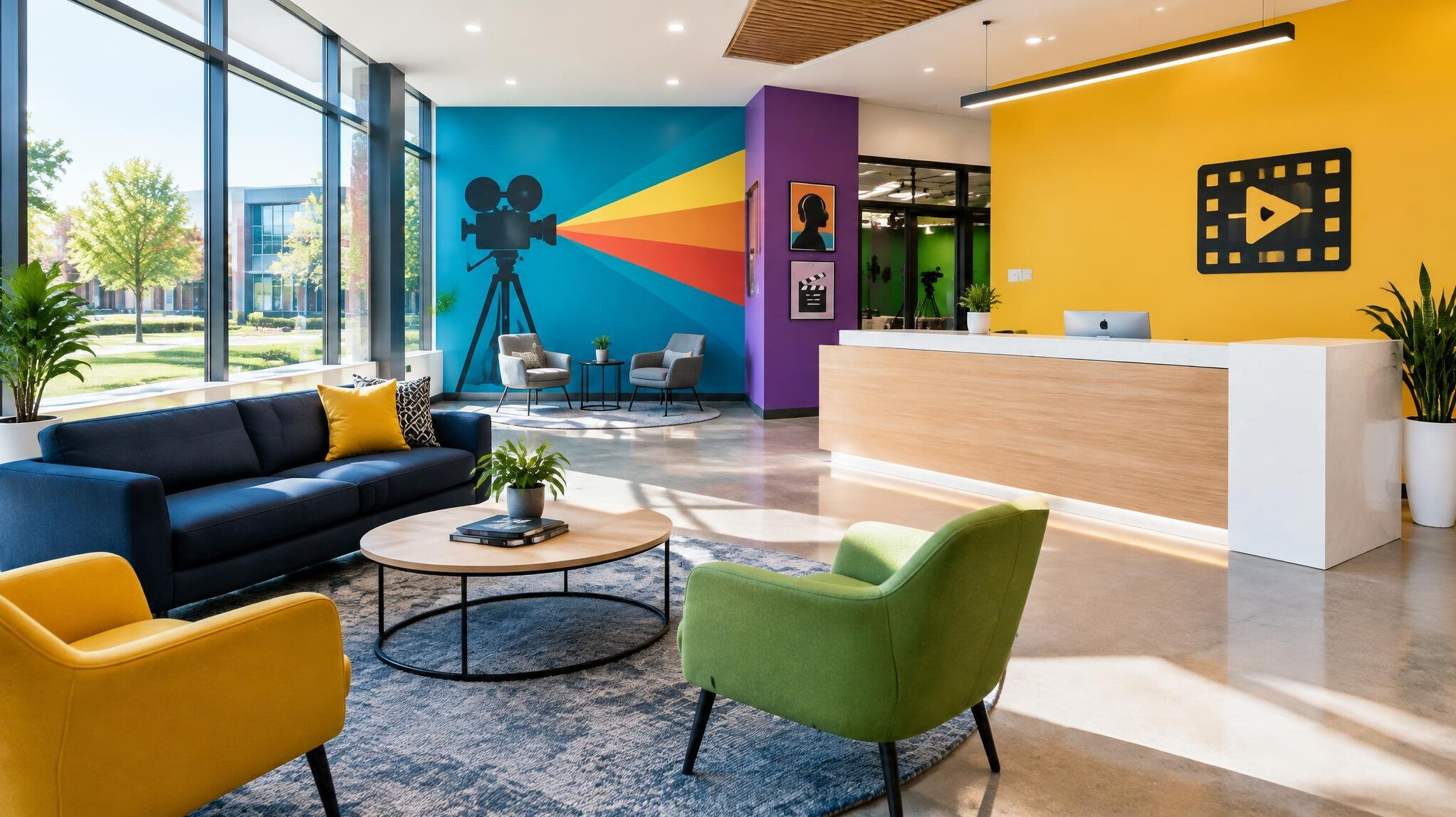 Bright modern reception desk of a media school studio