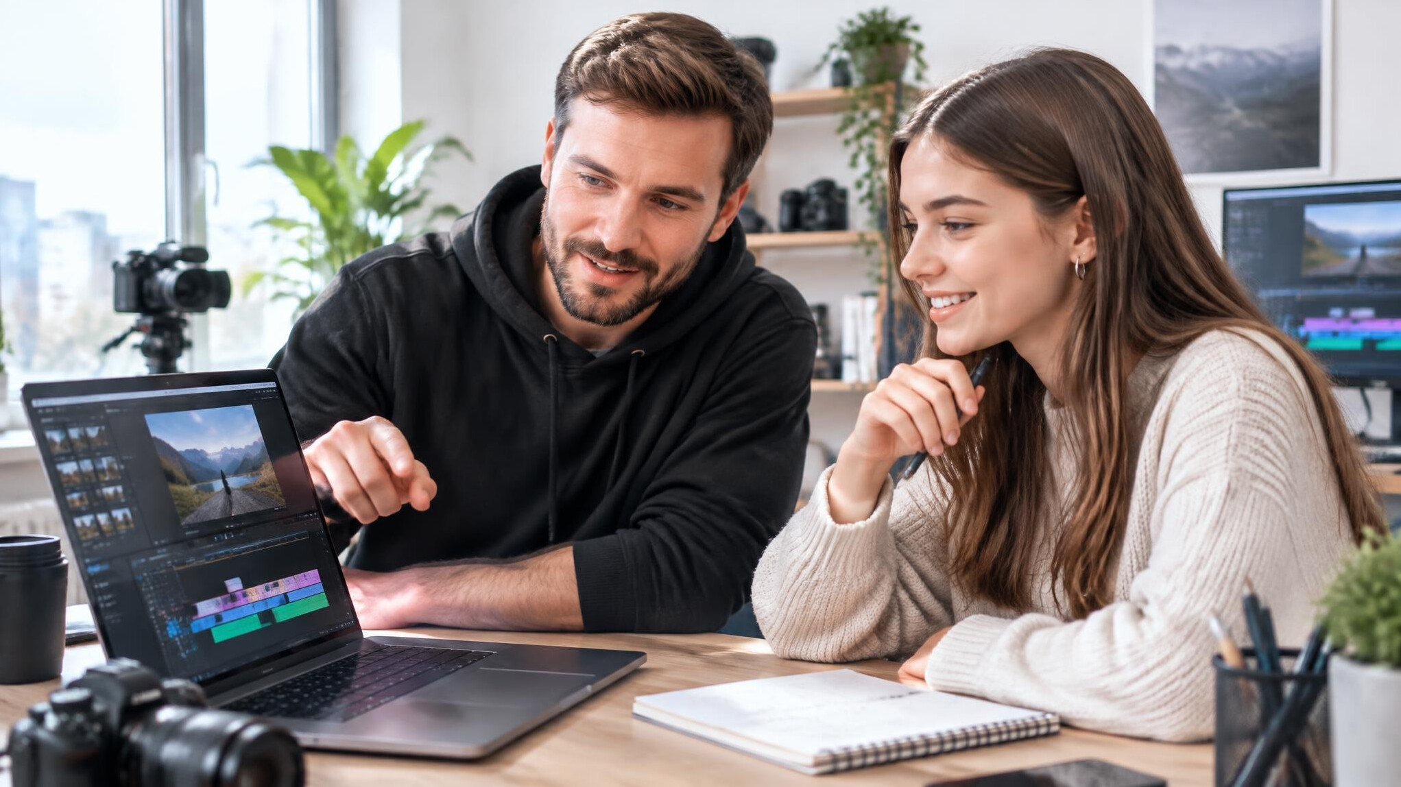Mentor and student discussing a video project on a laptop