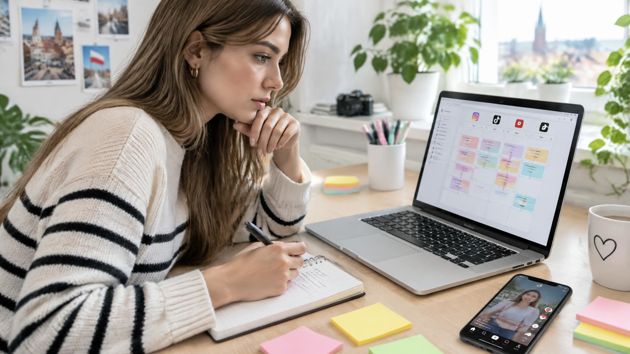 Young woman planning a social media content calendar on a laptop
