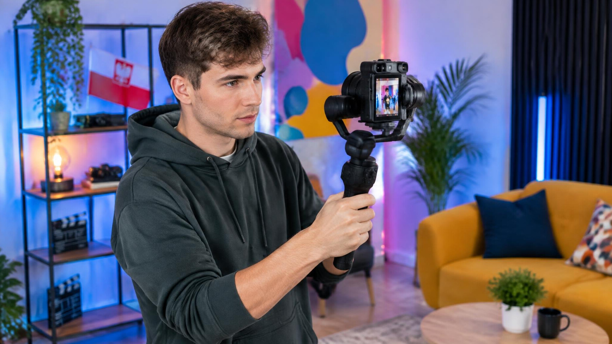 Camera operator filming a vertical video scene in a studio